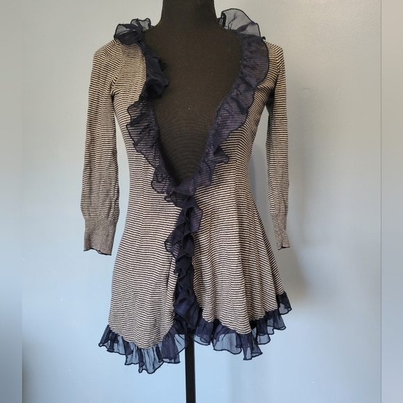 Anthro Guinevere Ruffle Striped Cardigan Size XS Blue - Picture 1 of 8